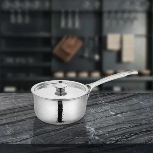 SHRI & SAM PLATINUM HAMMERED SAUCE PAN W/L SS 14 CM