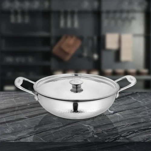 SHRI & SAM PLATINUM HAMMERED KADHI W/L SS 28 CM