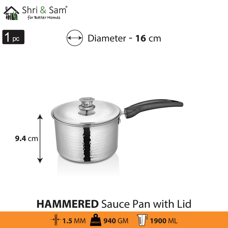 SHRI & SAM 430 HAMMERED SAUCE PAN W/L SS 16CM - Image 2