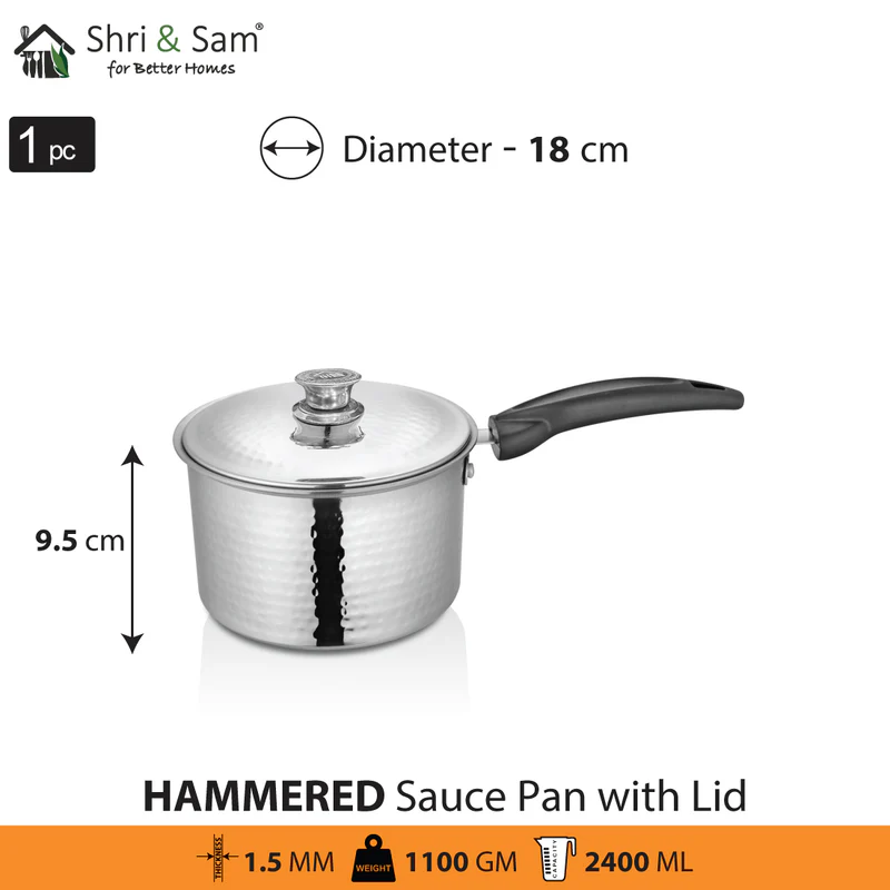 SHRI & SAM 430 HAMMERED SAUCE PAN W/L SS 18CM - Image 2