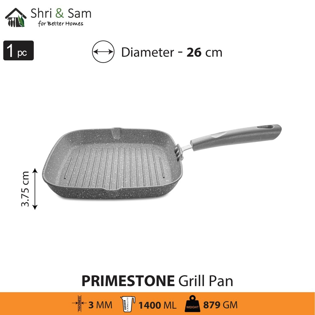 SHRI & SAM NON STICK PRIME STONE GRILL PAN 26CM - Image 2