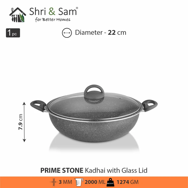 SHRI & SAM NON STICK PRIME STONE KADHAI W/GLASS LID 24 CM - Image 2