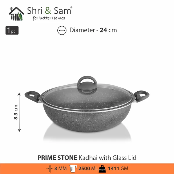 SHRI & SAM NON STICK PRIME STONE KADHAI W/GLASS LID 24 CM - Image 3