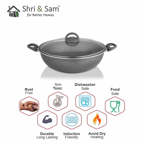 SHRI & SAM NON STICK PRIME STONE KADHAI W/GLASS LID 24 CM - Image 5