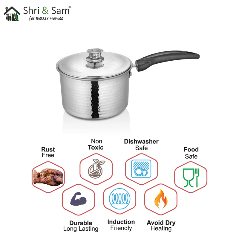 SHRI & SAM 430 HAMMERED SAUCE PAN W/L SS 18CM - Image 4