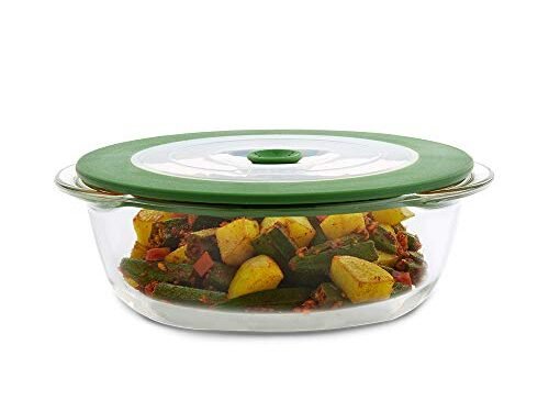 BOROSIL DISH-ROUND W/GREEN LID 1LTR