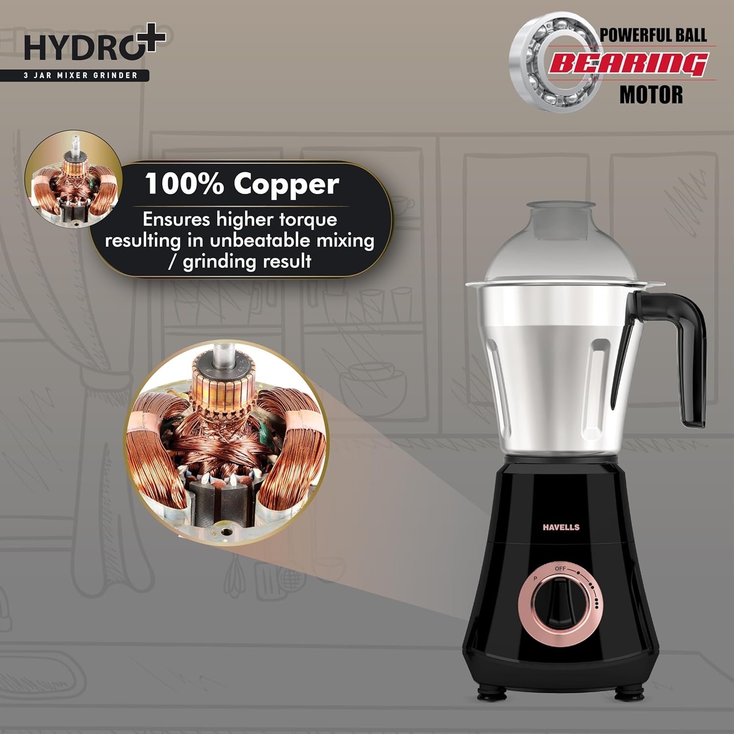 HAVELLS MIXER GRINDER HYDRO PLUS 3 JARS - Image 4