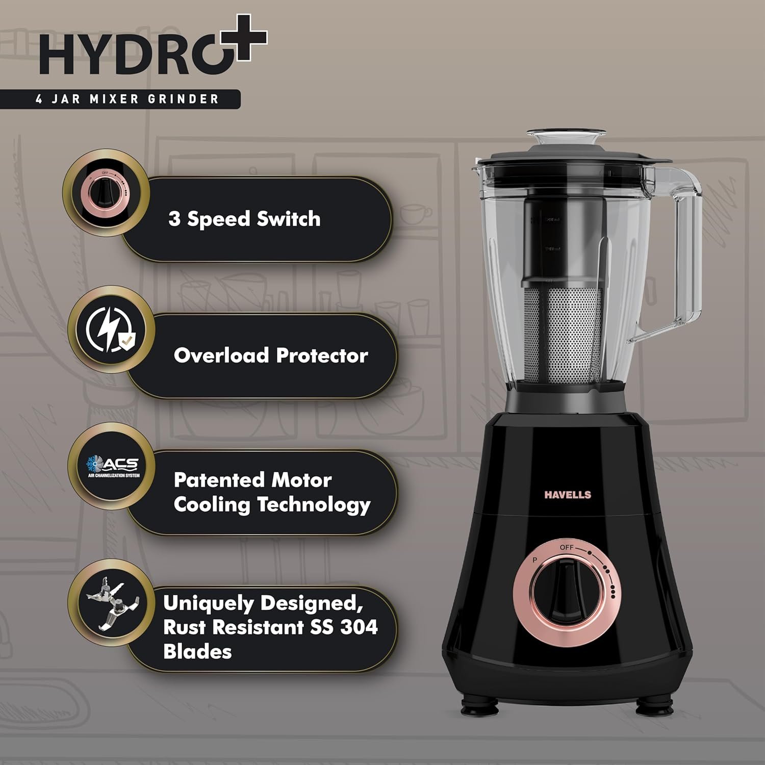 HAVELLS MIXER GRINDER HYDRO PLUS 4 JARS - Image 4
