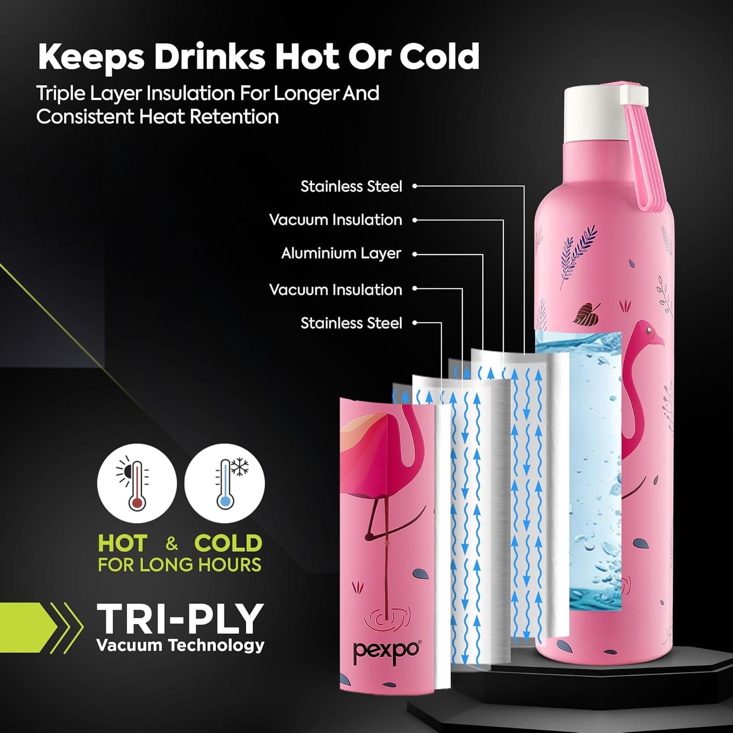 PEXPO OSLO ART FLAMINGO BIRD UV PRINTED DESIGN BOTTLE (PINK) 750ML - Image 2