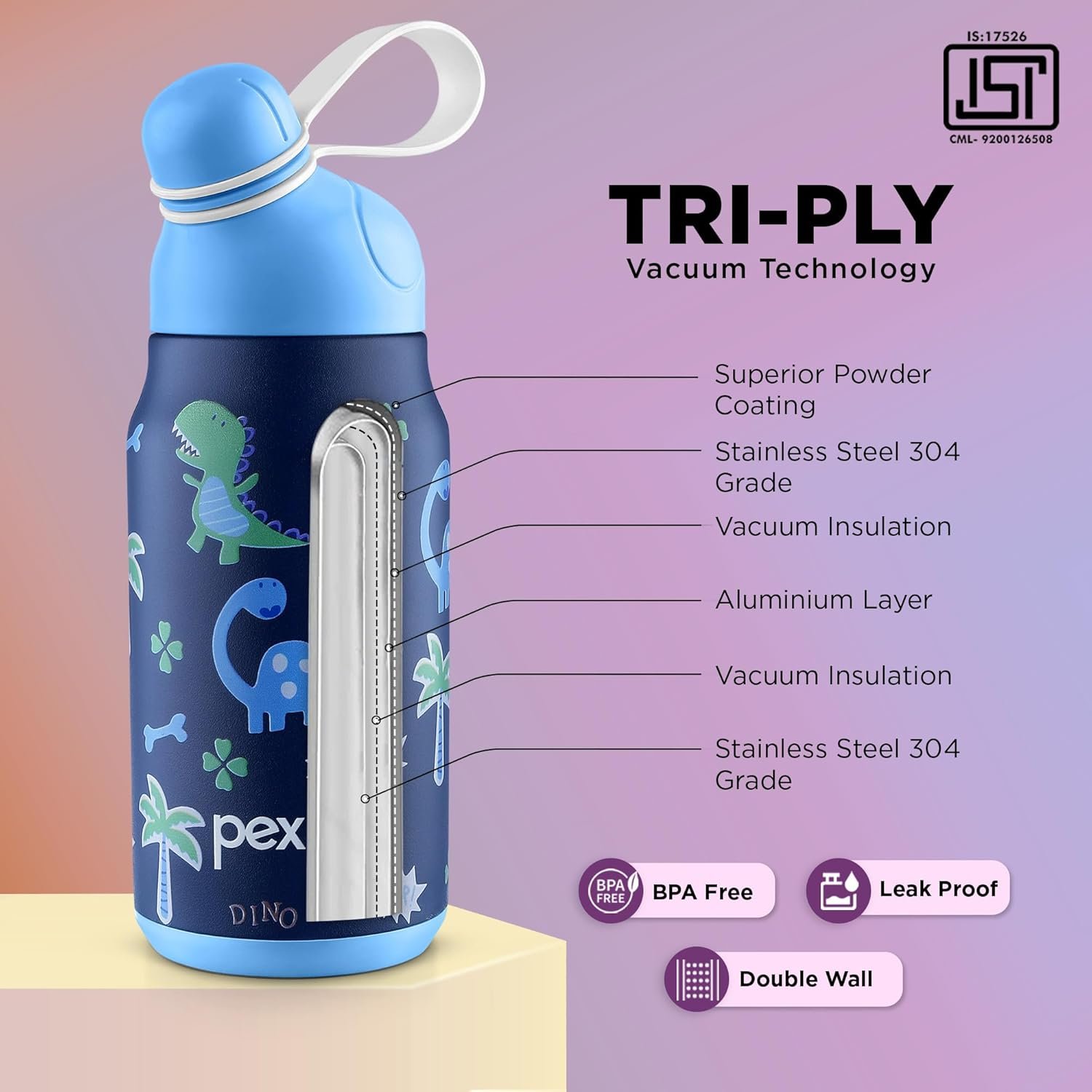 PEXPO PIANO ART DINOSAUR UV PRINTED DESIGN BOTTLE (DENIM BLUE) 450ML - Image 2
