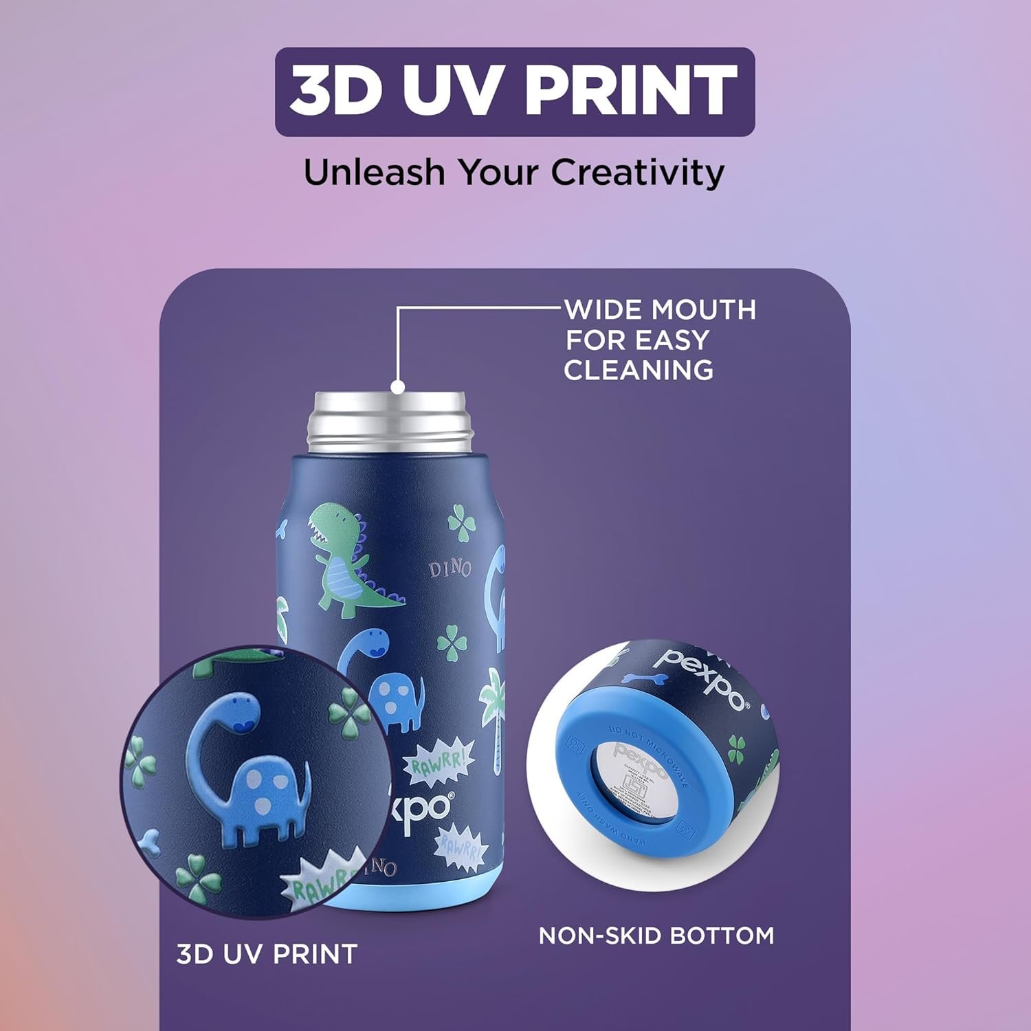 PEXPO PIANO ART DINOSAUR UV PRINTED DESIGN BOTTLE (DENIM BLUE) 450ML - Image 4