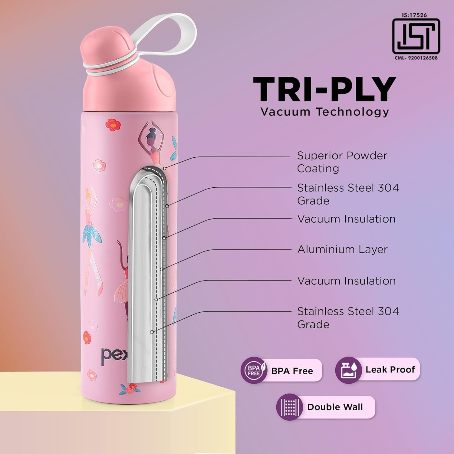 PEXPO PICO DANCING GIRL UV PRINTED DESIGN BOTTLE (PINK) 500ML - Image 2