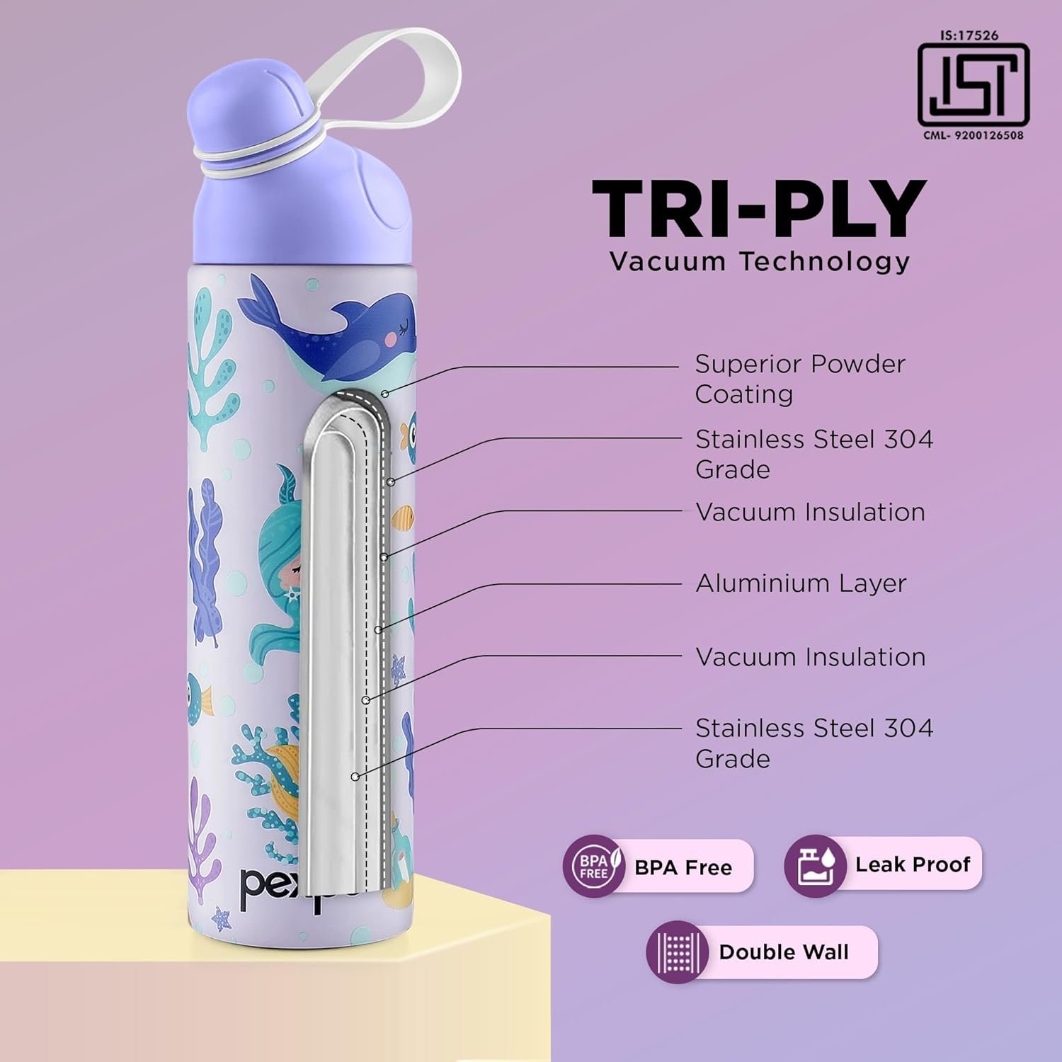 PEXPO PICO MERMAID UV PRINTED DESIGN BOTTLE (PURPLE) 500ML - Image 2