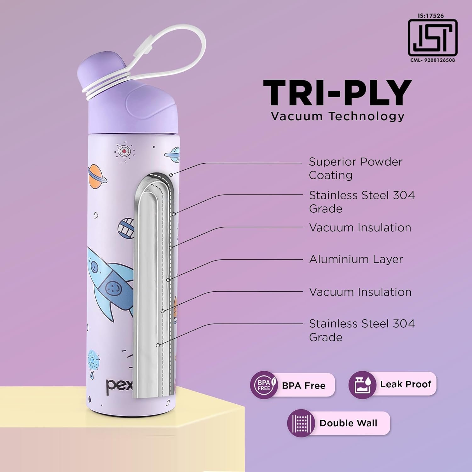 PEXPO PICO ROCKET UV PRINTED DESIGN BOTTLE (PURPLE) 500ML - Image 2