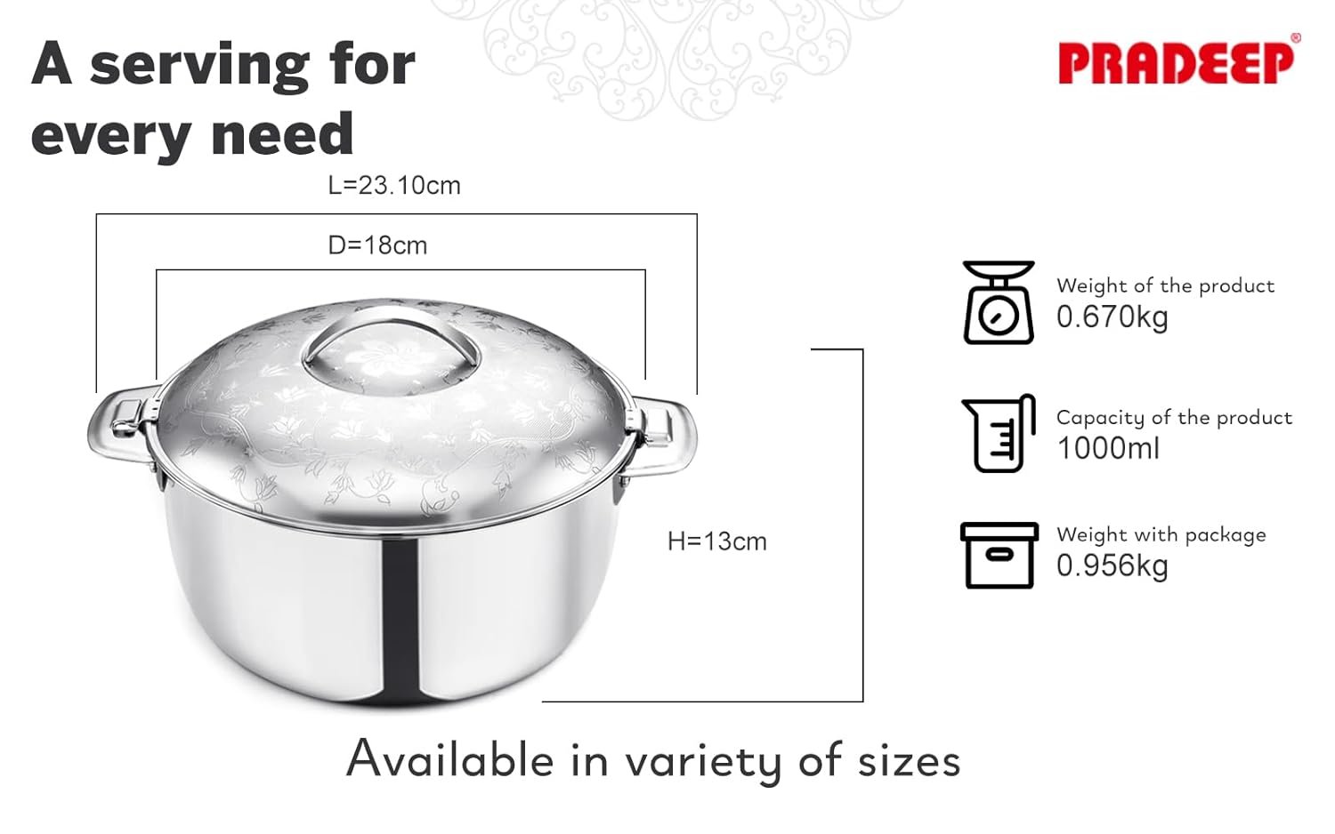 PRADEEP HOTPOT ORCHID-SS DESIGN LID (10000ML) - Image 4