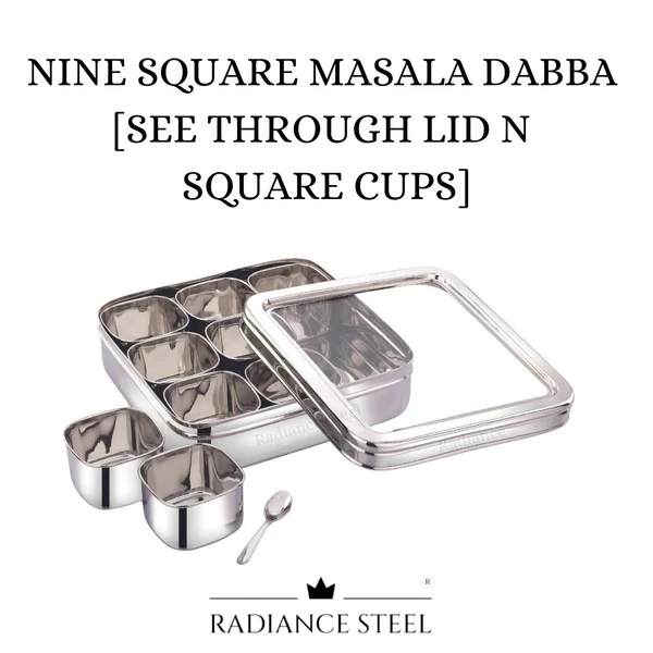 RADIANCE NINE SQUARE MASALA BOX SEE THROUGH LID