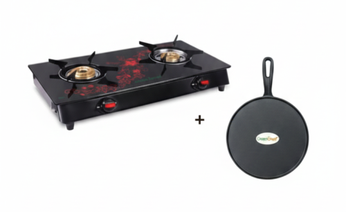 GREENCHEF BLISS GLASSTOP DOUBLE BURNER+ZESTO CAST IRON DOSA TAWA COMBO