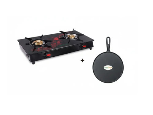 GREENCHEF BLISS GLASSTOP DOUBLE BURNER+ZESTO CAST IRON DOSA TAWA COMBO