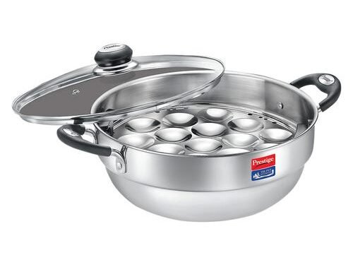 PRESTIGE TRIPLY SPLENDID COOKWARE MULTI KADAI KADAI DIA 28CM WITH GLASS LID 1 UNIT IDLI PLATES 2 UNIT MINI IDLI PLATE 1 UNIT DHOKLA PLATE 1 UNIT