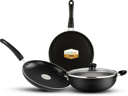 GREENCHEF CANVAS IB N/S 3PCS GIFT SET TAWA 250MM+FRY PAN 240MM+ KADAI 240MM WITH GLASS LID