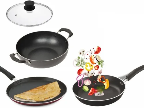 GREENCHEF TRINITY IB N/S 3PCS GIFT SET TAWA 280MM+FRY PAN 240+KADAI 240MM WITH GLASS LID