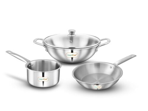 GREENCGEF SS TRIPLY STEEL CREST COMBO KADAI 220MM FRYPAN 220MM SAUCEPAN 140MM