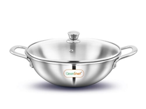 GREENCHEF TRIPLY COOKEARES FUSION KADAI WITH GLASS LID 16CM