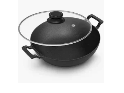 GREENCHEF CAST IRON COOKWARE CLAVIS LIGHTWEIGHT KADAI 240MM WITH GLASS LID