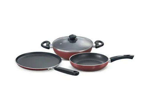 PRESTIGE COOKWARE SET OMEGA DELUXE 3PCS SET OMNI TAWA 25CM / FRY PAN 24CM / KADAI 24CM WITH GLASS LID