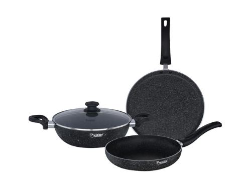 PRESTIGE COOKWARE SET SVACHH GRANITE 3PC SET OMNI TAWA 28CM / KADAI 24CM WITH GLASS LID / FRY PAN 24CM