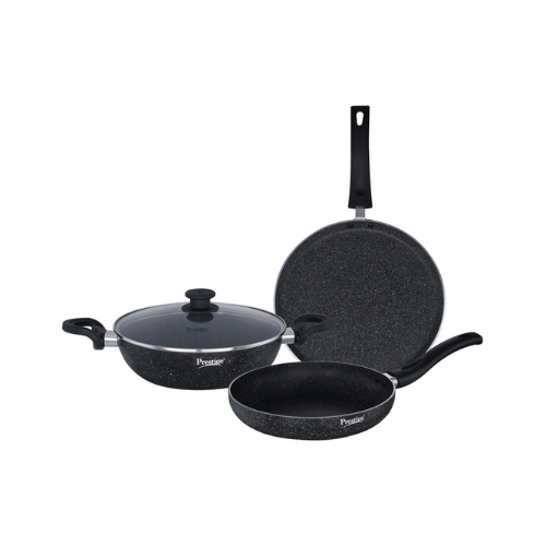 PRESTIGE COOKWARE SET SVACHH GRANITE 3PC SET OMNI TAWA 28CM / KADAI 24CM WITH GLASS LID / FRY PAN 24CM