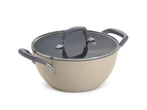TRAMONTINA VELO DEEP KADAI WITH FLAT GLASS LID 22CM Beige