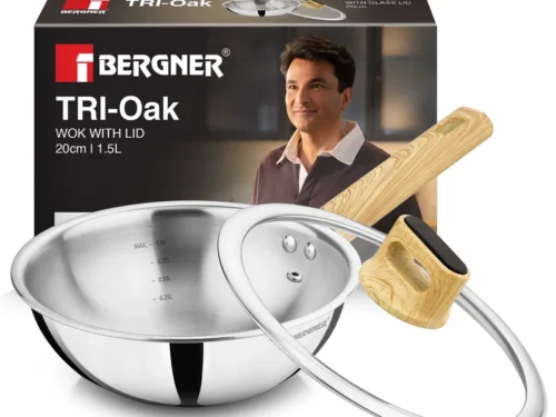 BERGNER TRI-OAK TRIPLY WOK WITH GLASS LID 20CM